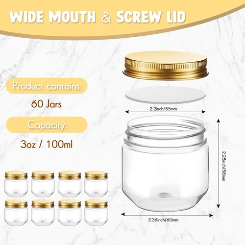 Miniatura 2 de Tanlade 60 tarros de plástico transparente de 3 onzas con tapas de boca ancha, mini recipientes de almacenamiento a granel para hierbas, gelatina