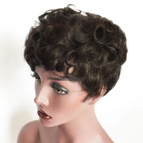 Miniatura 5 de Peluca de cabello humano con corte Pixie, pelucas cortas rizadas naturales para mujeres negras, pelucas de cabello humano corto marrón natural de 4