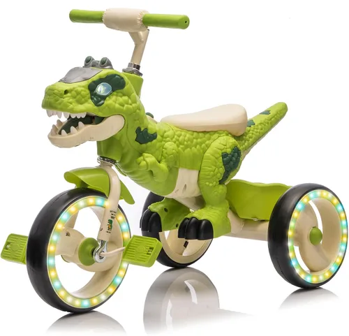 Miniatura 9 de Triciclo de dinosaurio para niños, triciclo para niños pequeños, rueda grande con ruedas anchas de EVA flash, pedales antideslizantes, cesta de Azul