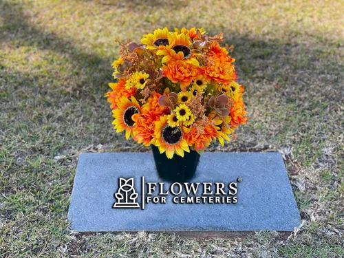 Miniatura 3 de Sympathy Silks Flores artificiales de otoño, decoración de tumbas, decoración del hogar, flores de maceta, girasoles amarillos y madres ámbar, ramo