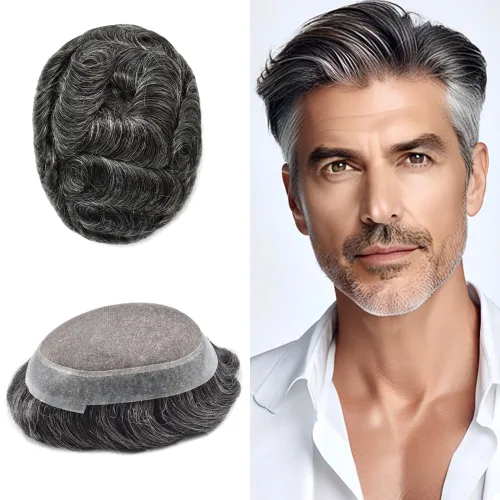Miniatura 34 de Monofilamento fino para hombre, sistema de cabello humano Remy, piel de polietileno transparente alrededor del postizo de monofilamento, peluca