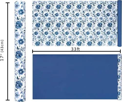 Miniatura 7 de LaRibbons Rollo de papel de regalo reversible floral azul, elegante diseño de peonía azul y blanco, envoltura de regalo china para el día de San