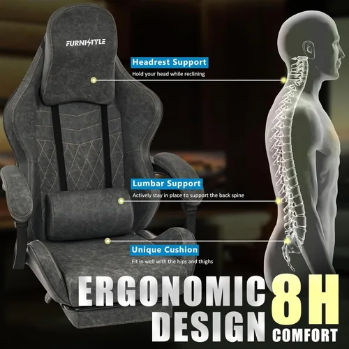 Miniatura 6 de Silla Gaming Silla de Videojuegos con Reposacabezas Grande, Reposabrazos de Conexión, Silla Ergonómica de Computadora de Cuero PU Retro para Gaming