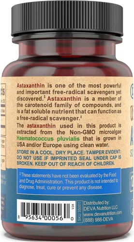 Miniatura 4 de DEVA Nutrición Vitaminas Astaxantina 12 mg, Vegano, Hecho de Microalgas Haematococcus Pluvialis, 30 cápsulas, 1 paquete