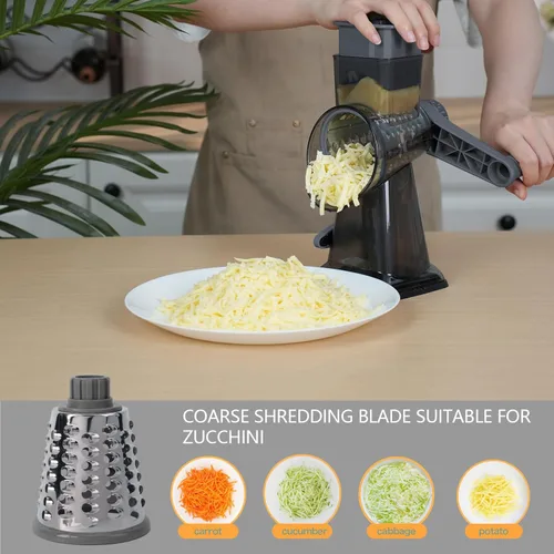 Miniatura 3 de Rallador de queso giratorio con asa, versátil rallador de queso con base de succión antideslizante, triturador de queso y rebanador de alimentos Gris