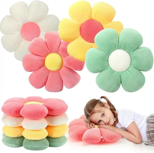 Coume 4 almohadas de flores de felpa de 15 pulgadas, almohadas de felpa en forma de margaritas, bonito cojín de asiento para el primer día de