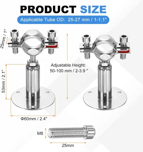 Miniatura 2 de HARFINGTON 2 piezas de montaje en pared de montaje en techo de acero inoxidable 304 abrazadera de soporte de tubo ajustable para tubo OD 1"-1.1