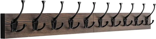 Miniatura 10 de IBosins Perchero de pared de 34'' con 10 ganchos tri-decorativos, colgador de abrigos de madera resistente, barra de ganchos rústicos para entrada