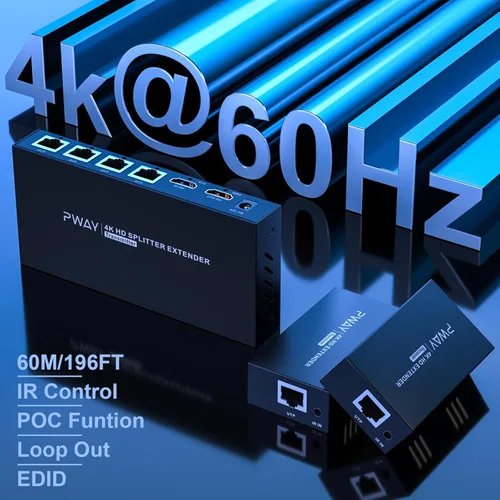 Miniatura 2 de Divisor extensor HDMI 1x4 HD 4K @60Hz a través de cable Ethernet CAT5/CAT6/CAT7, hasta 196 pies de bucle equipado con IR POC y EDID 1x4 4K60Hz 196ft