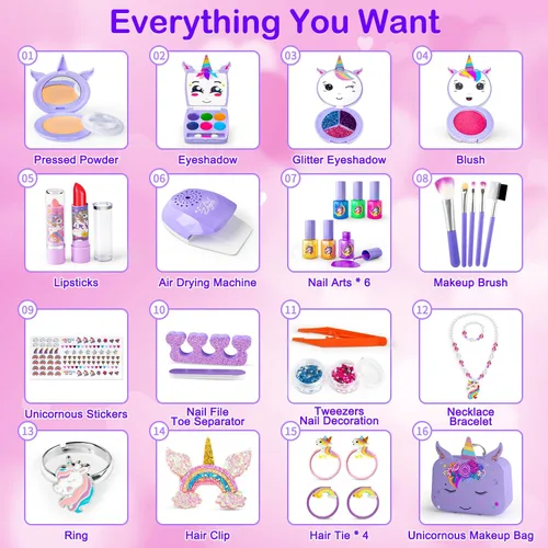 Miniatura 4 de Kit de Maquillaje para Niñas - 2 en 1 Juguetes de Maquillaje Lavable para Niños y Kit de Arte de Uñas con Estuche Cosmético de Unicornio, Maquillaje