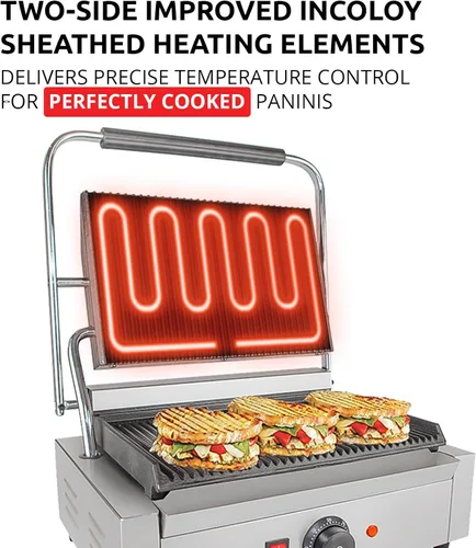 Miniatura 3 de ALDKitchen Panini Sandwich Press Grill Durable Stainless Steel Construction 110V (Ribbed 9" x 14")