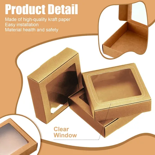 Miniatura 3 de Zonon 30 cajas de papel kraft con ventana de 4.13 x 4.13 x 1.18 pulgadas, para embalaje de caramelos, cajas de regalo pequeñas, soporte para Marrón