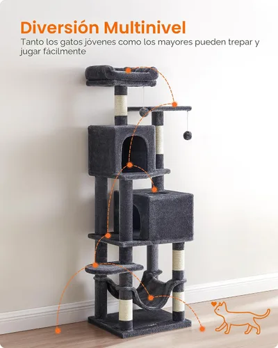 Miniatura 3 de Feandrea - Árbol para gatos de varios niveles para interiores, torre para gatos tipo condominio con 4 postes para rascar, 2 posaderos, hamaca y Gris