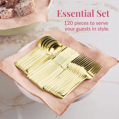 Miniatura 4 de Prestee Juego de 120 cubiertos de plástico dorado, 40 tenedores, 40 cucharas, 40 cuchillos, utensilios de plástico resistentes y cubiertos