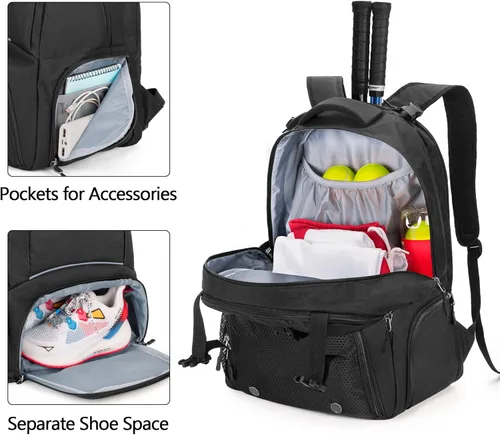 Miniatura 2 de DSLEAF Mochila de tenis para 2 raquetas, bolsa de tenis con espacio separado para zapatos ventilado para tenis, pickleball, bádminton, raqueta
