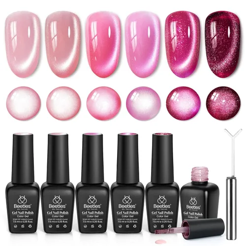 Miniatura 10 de Beetles - Juego de esmalte de uñas de gel de 6 colores, ojo de gato plateado, gel transparente rojo, rosa, amarillo, verde, negro, con efecto