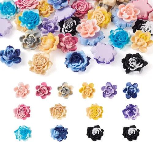 Miniatura 22 de Craftdady Cuentas de flores de resina, 72 piezas de cabujones de flores kawaii con parte trasera plana, 2 estilos, sin agujero, cuentas de rosas