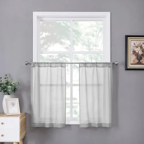 Miniatura 39 de Tollpiz - Juego de 2 paneles de cortinas de velo traslúcidas para media ventana, cortas, con textura de lino y bolsillo para cortinero, filtran