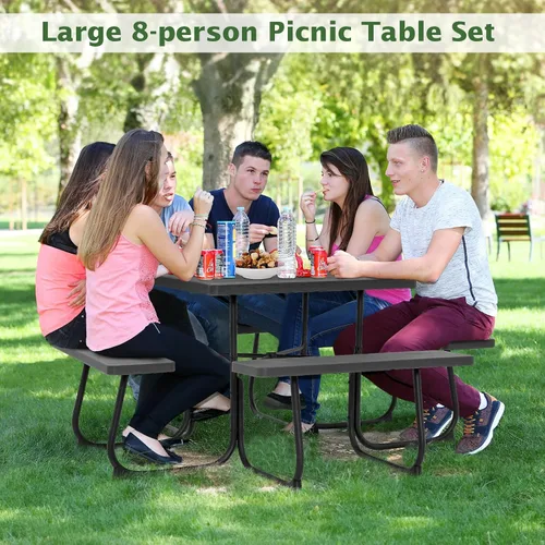 Miniatura 3 de Giantex Juego de mesa de picnic para 8 personas, mesa cuadrada para exteriores con agujero para paraguas, parte superior de polietileno de alta