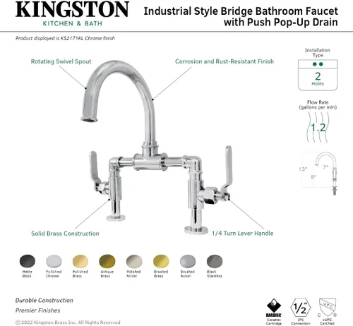Miniatura 9 de Kingston Brass KS2176KL Whitaker Bridge - Grifo de baño, 13.38 x 6.5 x 12.5, níquel pulido