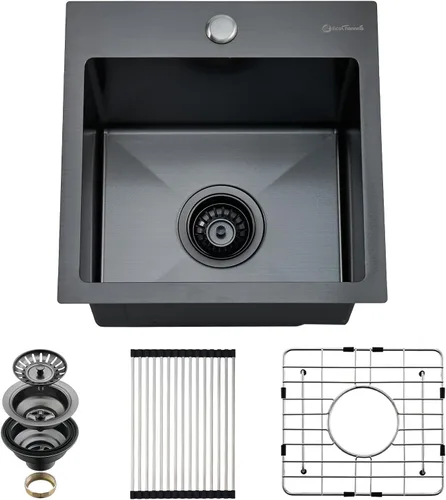Fregadero de cocina de 15 x 15 pulgadas, fregadero de preparación de barra de montaje superior de 16 calibre 16 T-304 de acero inoxidable negro