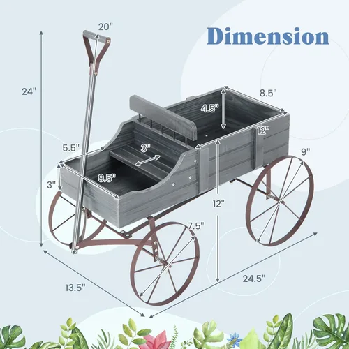 Miniatura 8 de Giantex Maceta decorativa para jardín, carrito pequeño con ruedas de metal, camas elevadas de madera, soporte para macetas para patio trasero, Gris