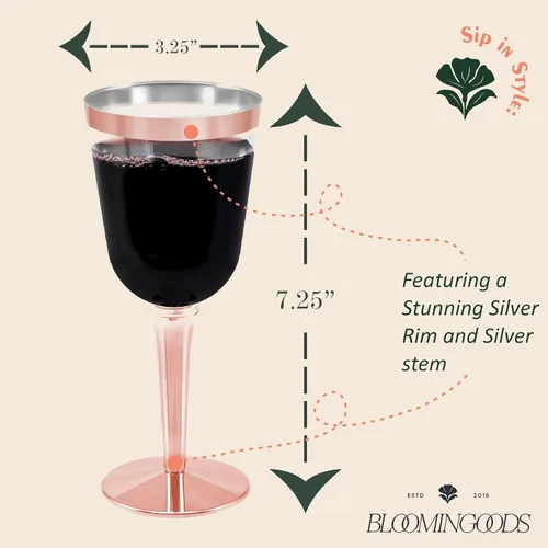 Miniatura 3 de 50 copas de vino desechables de plástico con borde de oro rosa, tamaño grande, 9.98 oz. BloominGoods - Vasos para bodas y eventos