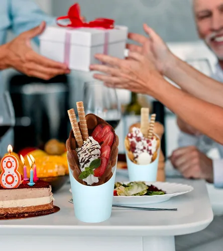 Miniatura 5 de Whaline 50 tazas de charcutería azules con bolsas de palitos, lazos giratorios, 14 onzas, desechables, para aperitivos, papas fritas para el hogar