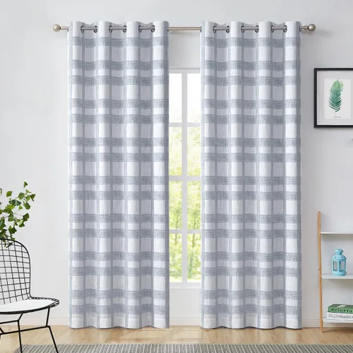 Miniatura 9 de Central Park Cortina opaca a cuadros blancos y grises para ventana, panel geométrico para dormitorio, sala de estar, con ojales en la parte