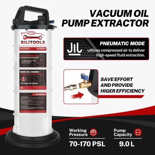 Miniatura 3 de BILITOOLS - Bomba extractora de aceite neumática de 9L, extractor de fluidos al vacío para cambio de aceite de motor automotriz de gran capacidad