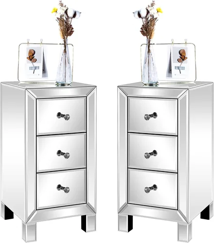 Miniatura 10 de VINGLI Mesita de noche con espejo con 3 cajones, mesa auxiliar plateada con espejo para espacios pequeños, dormitorio, sala de estar