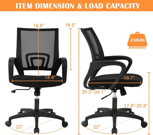 Miniatura 2 de Silla de malla para computadora, silla de oficina en casa, silla de escritorio ergonómica con soporte lumbar y reposabrazos, silla de trabajo Negro