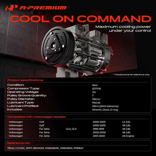 Miniatura 2 de A-Premium Compresor de aire acondicionado con embrague compatible con Volkswagen Jetta 1999-2003, Golf 2000-2003, con compresor SD7V16
