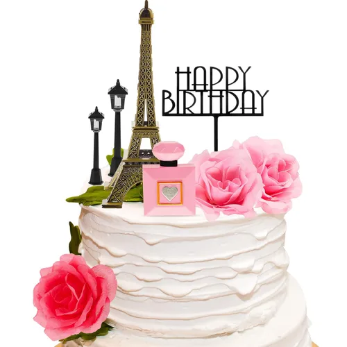 Miniatura 9 de Juego de 8 decoraciones para tartas de la Torre Eiffel de París, decoración romántica de 7 pulgadas con lámpara de calle y rosa para cumpleaños