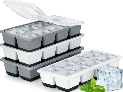 Miniatura 8 de Bandejas grandes para cubitos de hielo con tapa, paquete de 2 moldes apilables de silicona para congelador, fácil liberación, 16 bandejas de hielo