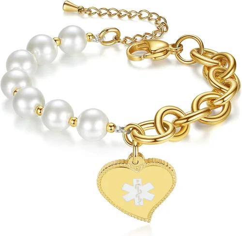 mnmoom Elegantes pulseras de identificación médica con cuentas de perlas de imitación con corazón de alerta médica para mujer, Metal, no conocido