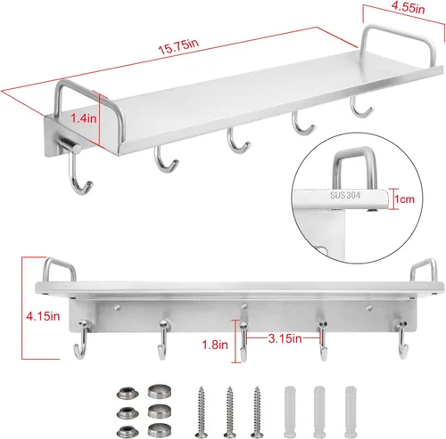 Miniatura 2 de Audmore Estante para utensilios de cocina, estante de especias con ganchos para montaje en pared, estante sobre la estufa, acero inoxidable, estante