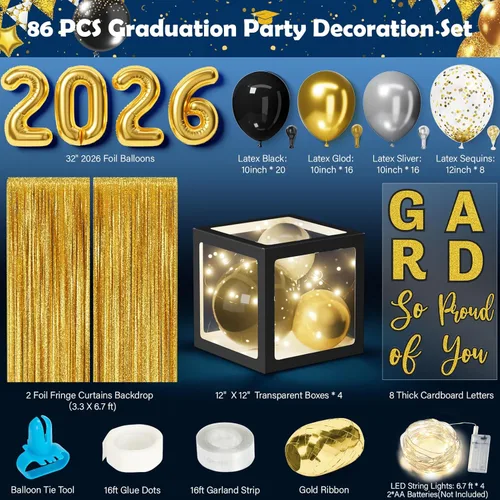 Miniatura 2 de Decoraciones de graduación 2026: juego de 86 piezas de suministros de decoración para fiesta de graduación, incluye cuerdas de luz LED, cajas