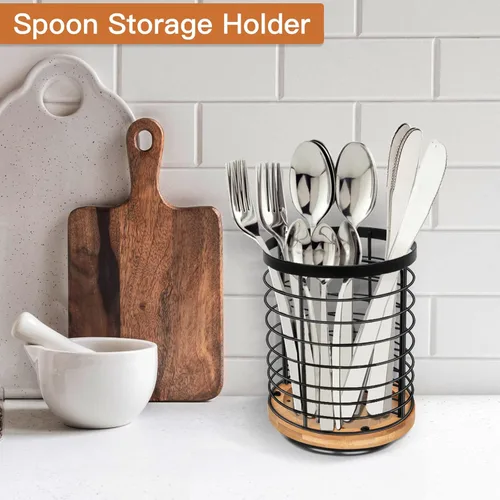 Miniatura 6 de Soporte para utensilios de cocina – 7.2 pulgadas grande giratorio para utensilios de cocina, base de madera + metal, organizador de espátula