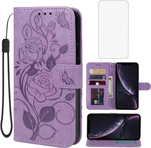 Miniatura 8 de Funda para iPhone XR con protector de pantalla de vidrio templado, funda de cuero con diseño de flor para tarjeta de crédito con soporte para iPhone