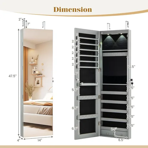 Miniatura 77 de Giantex Armario de joyería para puerta de pared con espejo de longitud completa, 2 LED con cerradura grande organizador de joyas con espejo ancho