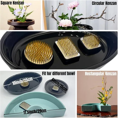 Miniatura 5 de Juego de 3 ranas de flores japonesas Ikebana Arreglo floral Kenzan, 2.4 pulgadas redonda rana floral moribana + 1.6 pulgadas cuadrado Ikebana 3