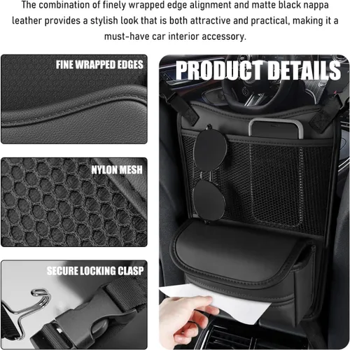 Miniatura 4 de Organizador de Coche para Almacenamiento Entre Asientos, Bolsa de Almacenamiento para Asiento Delantero de Cuero Nappa con Soporte para Pañuelos