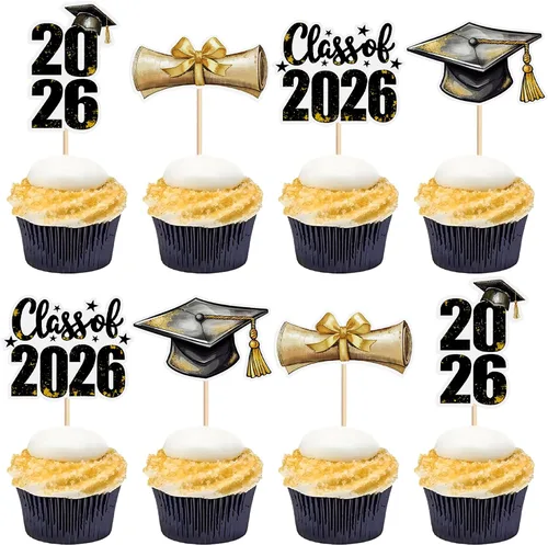 Miniatura 14 de Ercadio 36 piezas 2026 adornos para cupcakes con purpurina negra y dorada para graduación senior So Proud Of You Senior Class of 2026 Way to Go