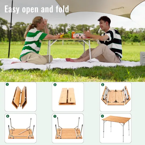 Miniatura 7 de KingCamp Mesa de camping plegable de altura ajustable, mesa plegable de bambú de 4 partes para RV, camping al aire libre, portátil, mesa