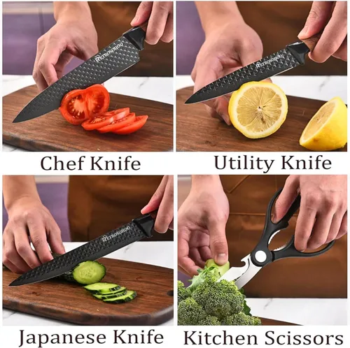 Miniatura 3 de Juego de cuchillos de cocina de 6 piezas, color caqui, afilado, juego de cuchillos de chef de acero inoxidable antiadherentes con bloque de Veta