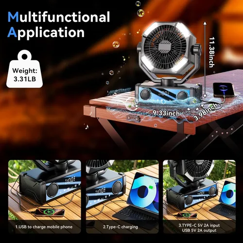 Miniatura 7 de Ventilador portátil recargable con altavoz Bluetooth 5.3, ventilador de campamento de 25000 mAh con control táctil de 5 velocidades y luz LED de 3