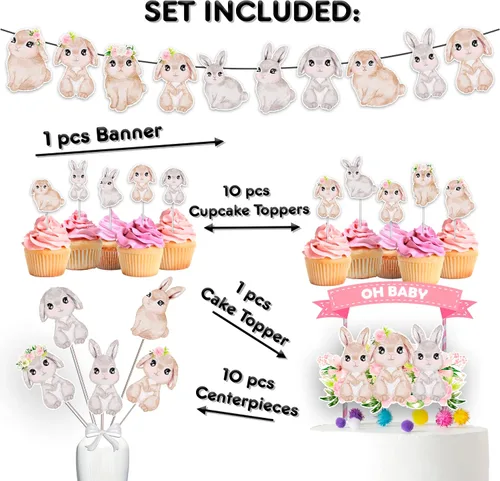 Miniatura 2 de Juego de decoraciones de fiesta de conejo: suministros de cumpleaños con pancarta, adornos para cupcakes, decoración para pasteles y centros de mesa