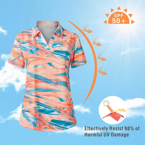 Miniatura 4 de Camiseta polo de golf con cuello en V UPF 50+ con estampado de protección solar de manga corta y ajuste seco para mujer