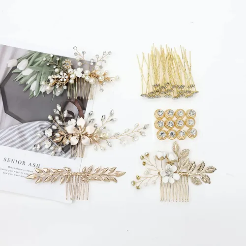 Miniatura 5 de inSowni 36 Pack Horquillas para el pelo de novia con flores doradas y hojas, peines laterales para el pelo de novia+pinzas para el pelo